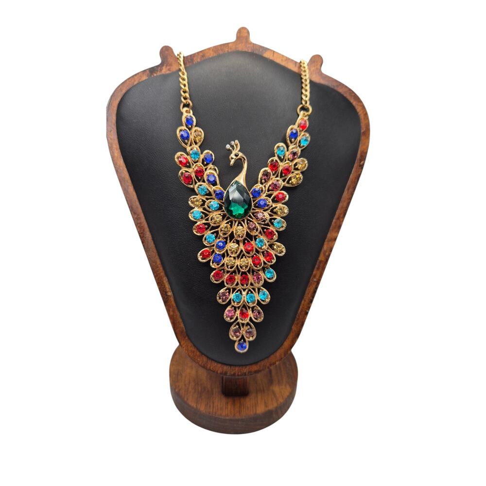 Vintage 1960s Peacock Rhinestone Statement Necklace Articulated